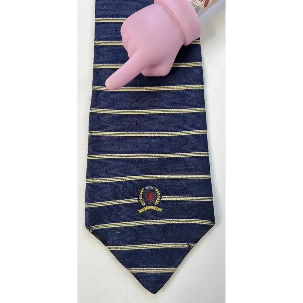 Tommy Hilfiger Mens Silk Tie Navy Gold Stripe Crest USA Classic Designer
